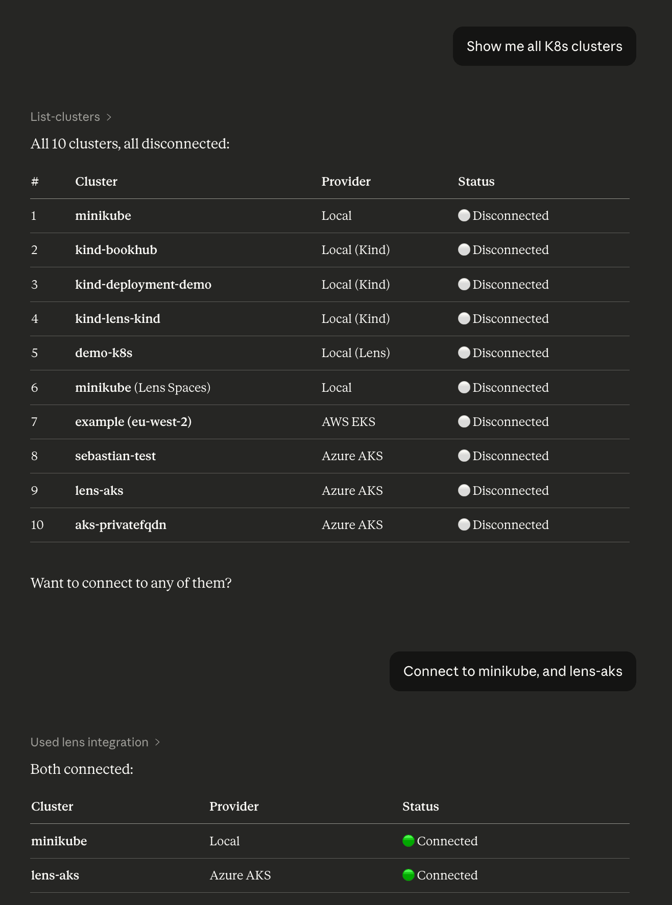 Claude connected to Lens MCP Server