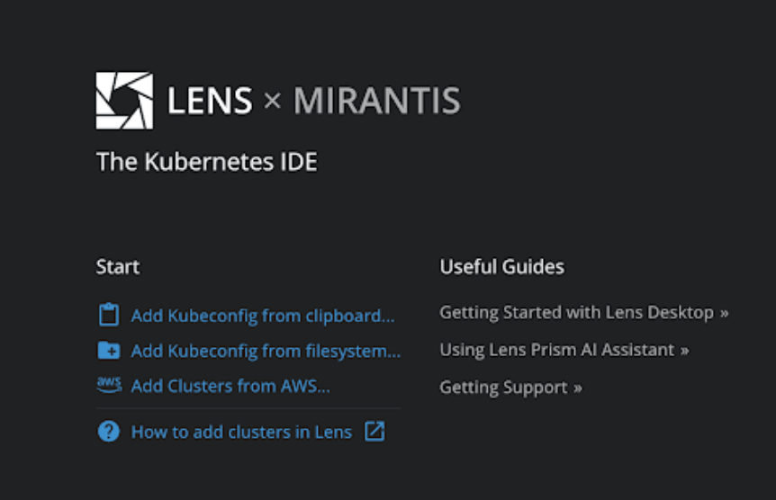 Lens K8s IDE Welcome Page